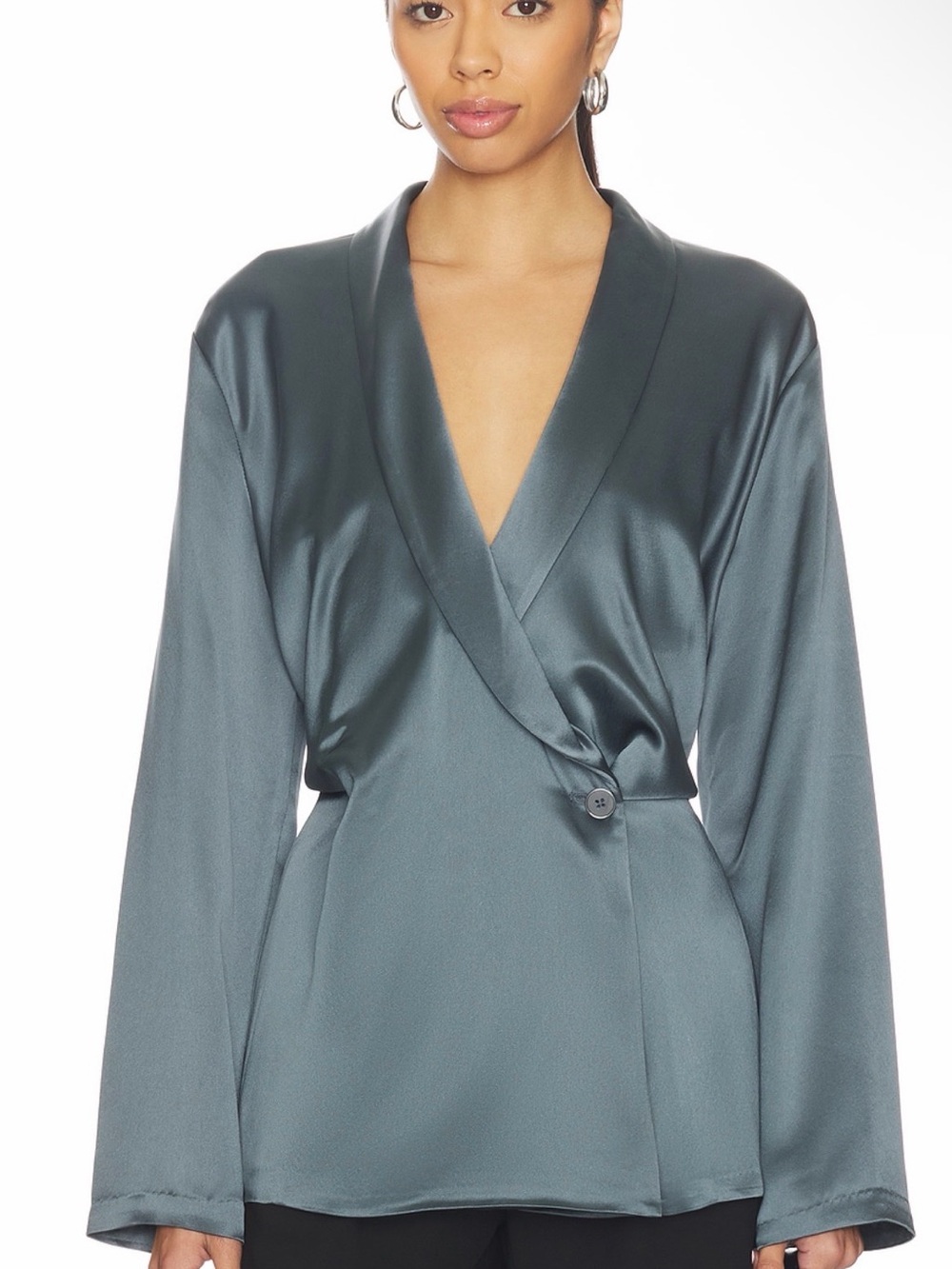 Satin Wrap-Front Robe Top in Teal-Gray